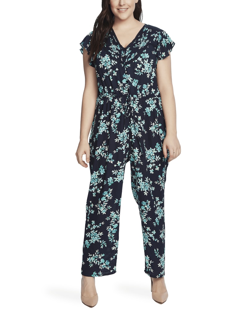 Front of a model wearing a size 14 Janette Flutter-Sleeve Jumpsuit in NIGHT SHADE by CeCe. | dia_product_style_image_id:263404